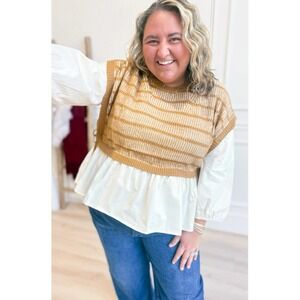 Polygram Boutique Tie Sweater Peplum Blouse Brown Knit Ivory Under Flare Top 2XL